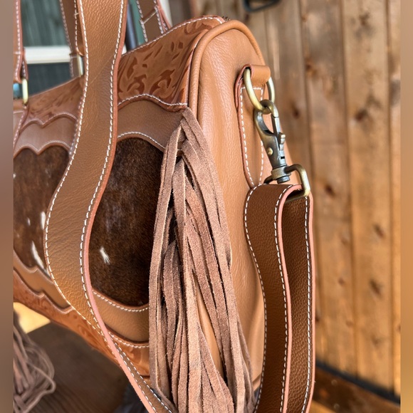 NEW Western Genuine Embossed Leather Cowhide Fringe Tassel Tan fall winter gift - Picture 7 of 13